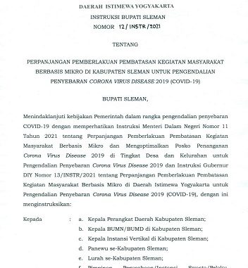 Perpanjangan Pemberlakuan Pembatasan Kegiatan Masyarakat Berbasis Mikro di Kabupaten Sleman untuk Pengendalian Penyebaran Corona Viruses Disease 2019 (COVID-19)