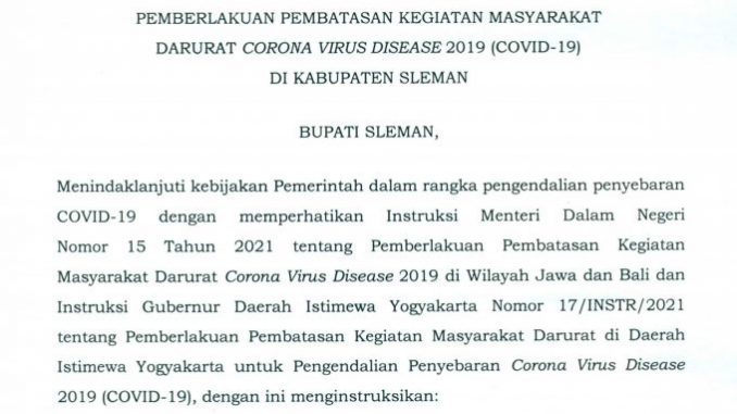 Pemberlakuan Pembatasan Kegiatan Masyarakat Darurat Corona Virus Disease 2019 (COVID-19) di Kabupaten Sleman