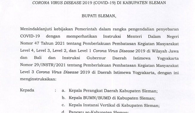 Pemberlakuan Pembatasan Kegiatan Masyarakat (PPKM) Level 3 Corona Virus Disease 2019 (COVID-19) di Kabupaten Sleman