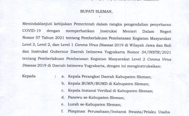 Pemberlakuan Pembatasan Kegiatan Masyarakat (PPKM) Level 2 Corona Virus Disease 2019 (COVID-19) di Kabupaten Sleman
